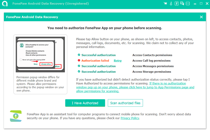 Authorize FonePaw to Scan Deleted Pics