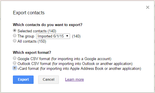 Choose Exported Contacts Format
