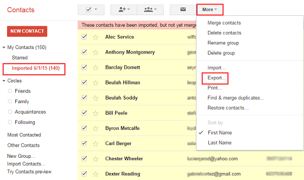 Choose Contacts to Export on Gmail