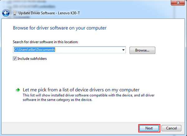 Select Location to Search Driver Software