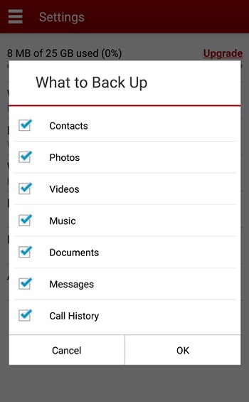 Select Contacts to Backup 