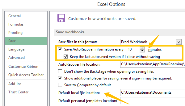 Enable AutoSave And AutoRecovery on Excel