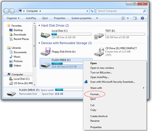 Format Flash Drive Menu