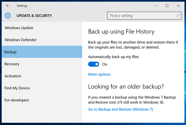 Turn on Windows Backup