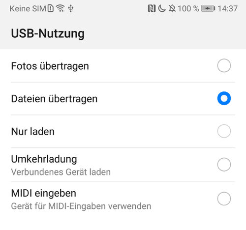 USB MTP Modus für Dateien übertragen