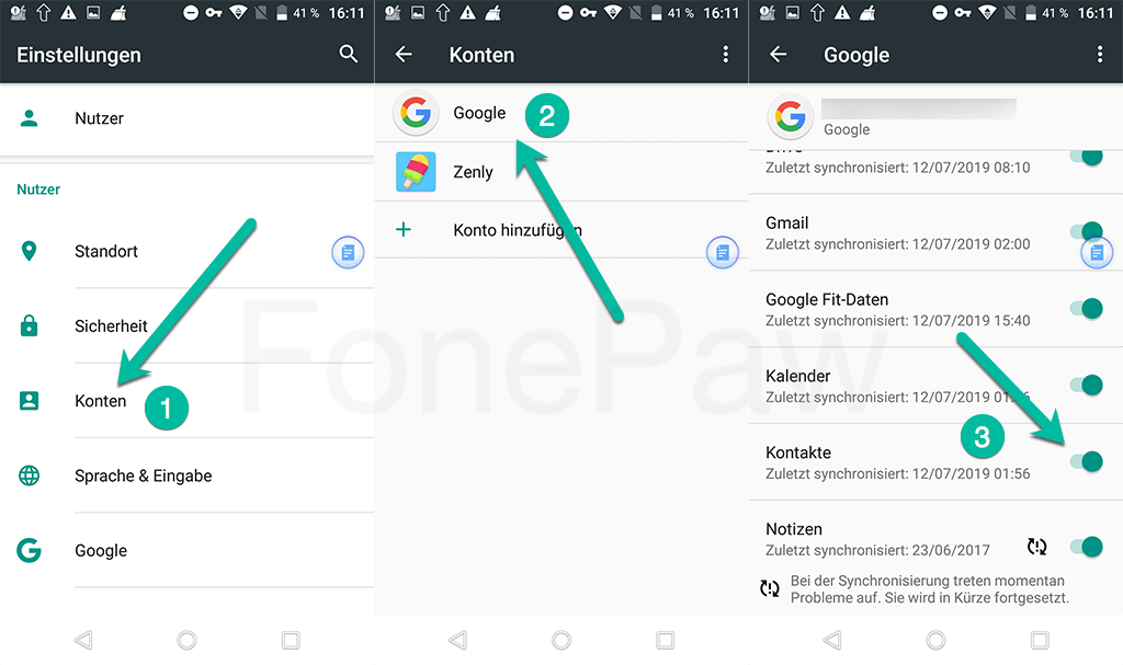 Android Kontakte synchronisieren mit Google