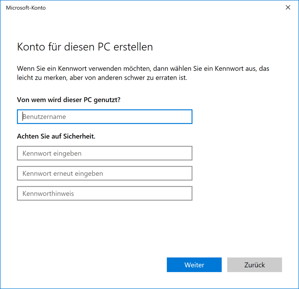 Windows 10 Konto für diesen PC erstellen