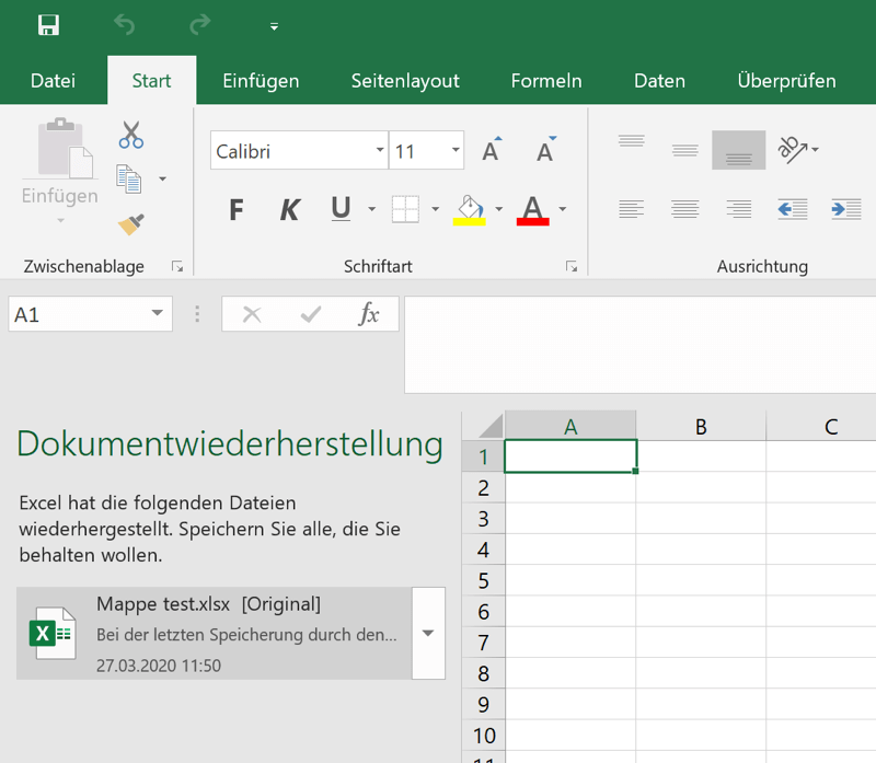 Excel-Dokumentwiederherstellung aktivieren