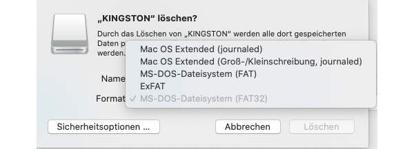 FAT32 ist nicht verfügbar für Formatierung auf Mac