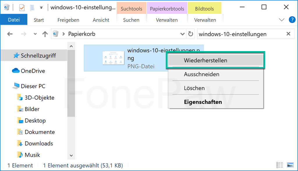 Gelöschte Dateien Order wiederherstellen aus Windows Papierkorb