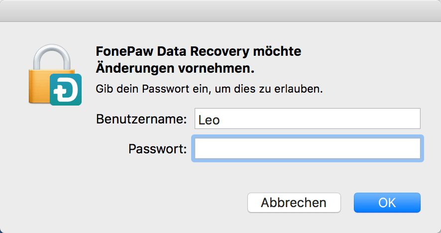 FonePaw Datenrettung öffnen Mac Passwort eingeben
