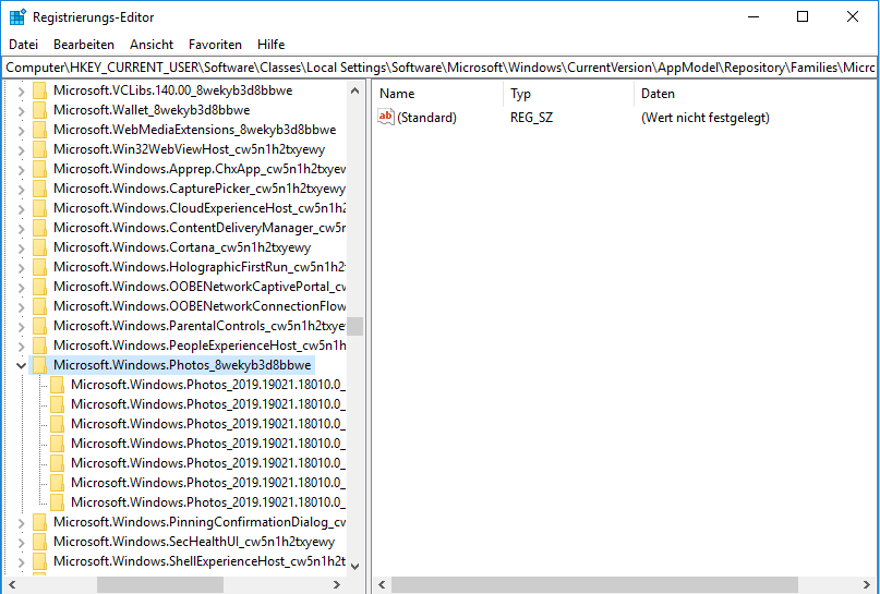Registrierungs-Editor Microsoft Windows Photos Einträge