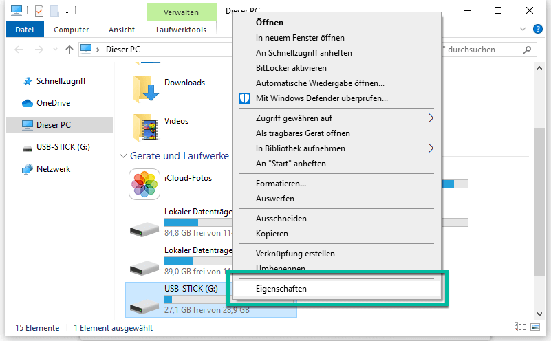 USB Stick Eigenschaften öffnen Windows 10