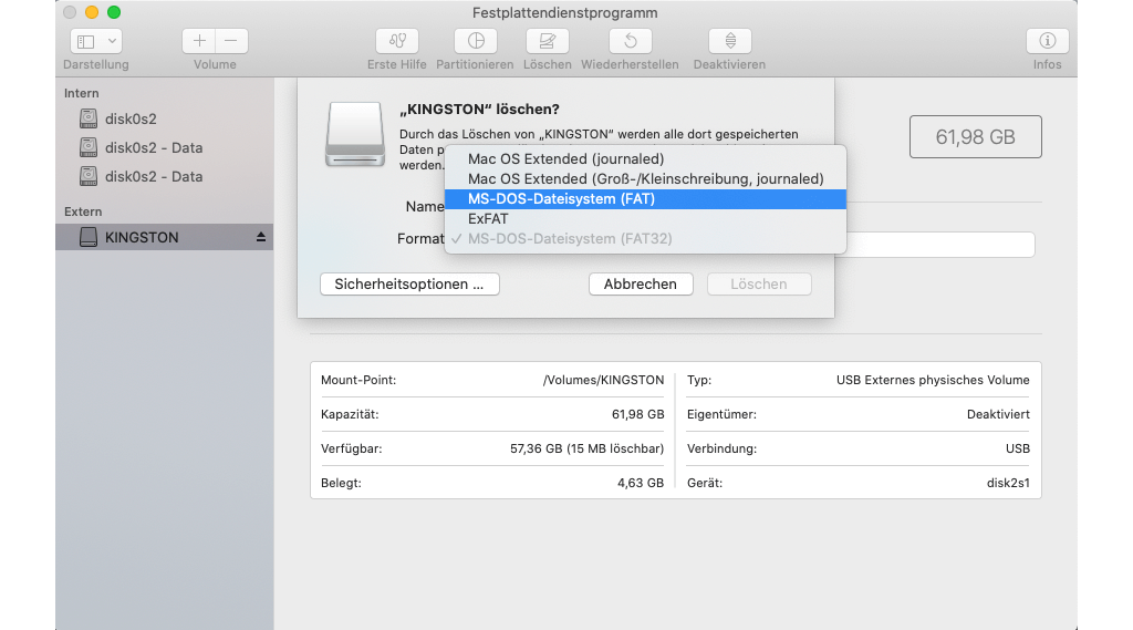 USB nach FAT32 über Festplattendienstprogramm auf Mac formatieren 