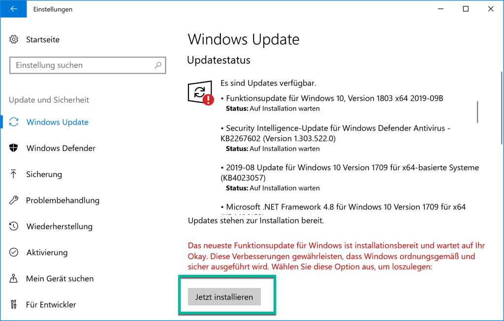 Update jetzt installieren Windows 10