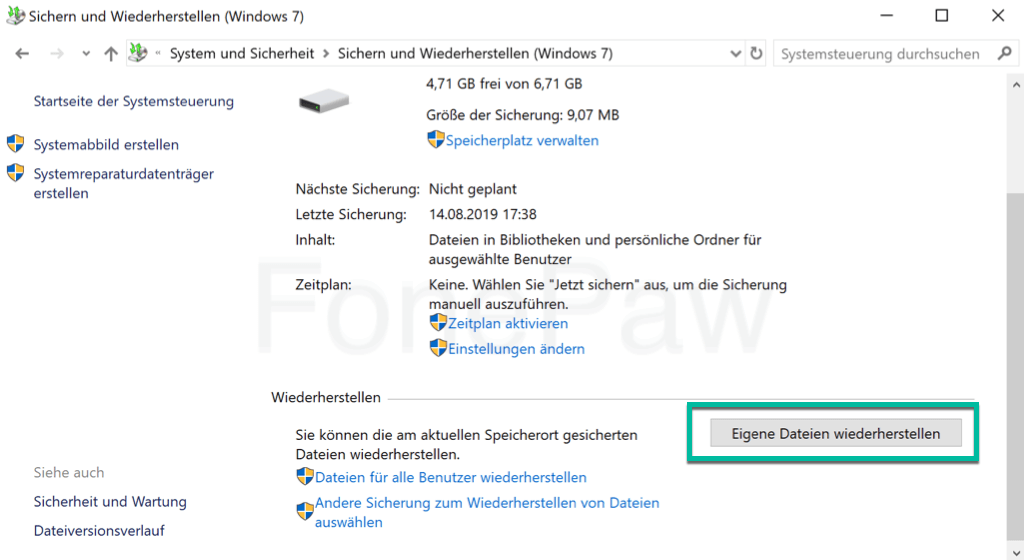 Windows Backup eigene Dateien wiederherstellen
