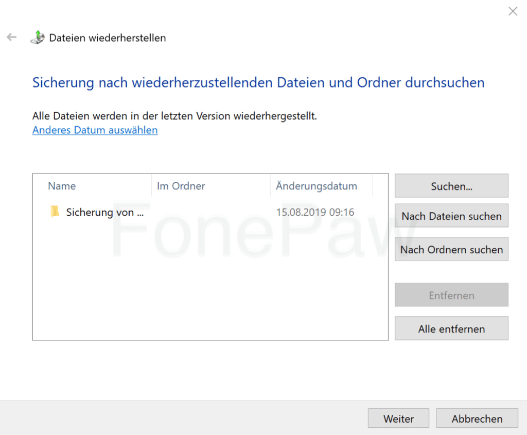 Windows Sicherung nach wiederherzustellenden Dateien und Ordner durchsuchen