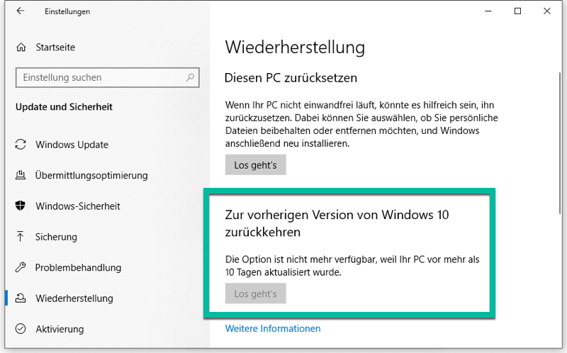 Zur vorherigen Version von Windows 10 zurückkehren