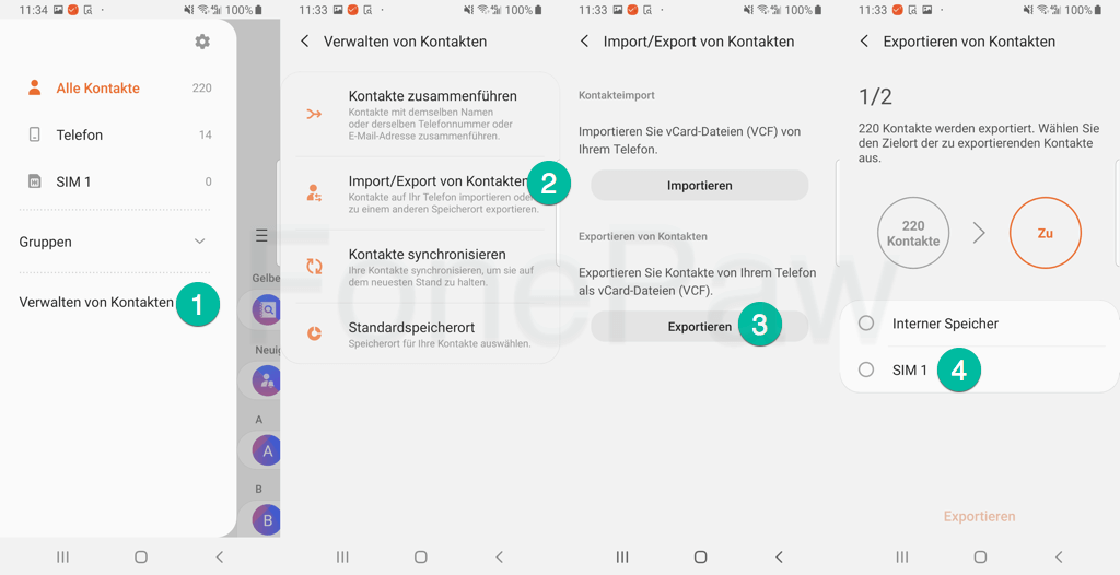 Android Kontakte exportieren auf SIM Karte