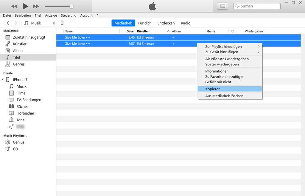 Musik Titel kopieren auf iTunes