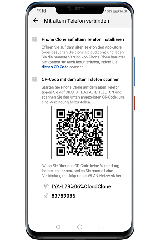QR-Code mit dem alten Telefon scannen Huawei Phone Clone