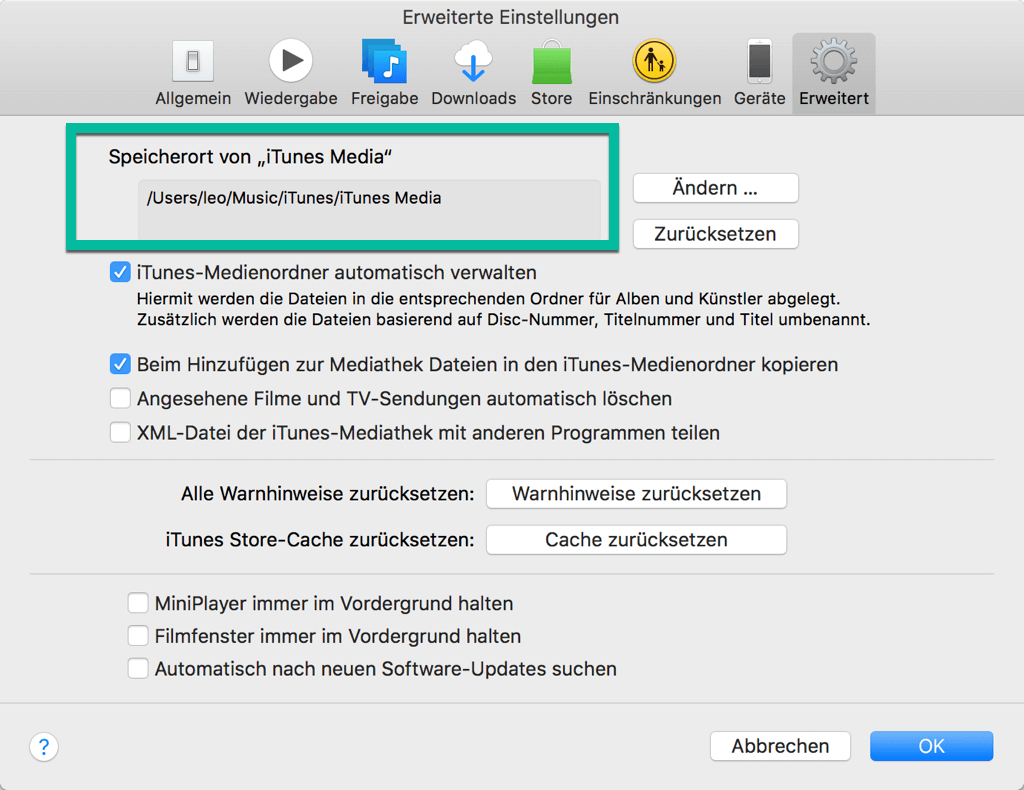 Speicherort von iTunes-Media überprüfen Mac