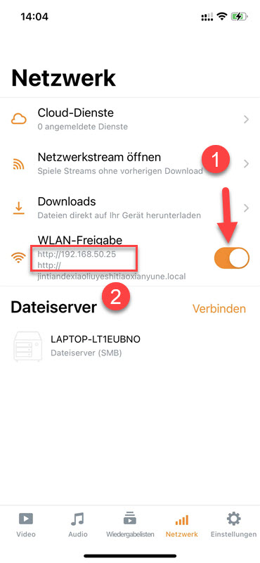 WLAN-Freigabe in VLC-App aktivieren