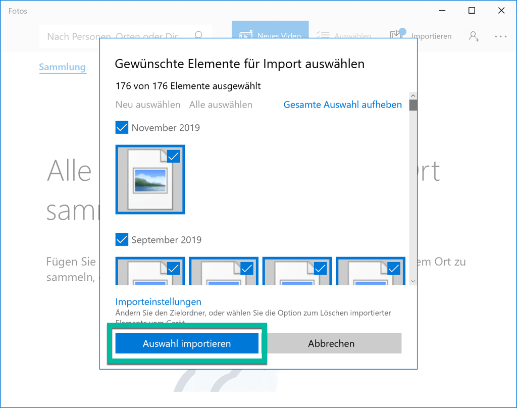 Fotos auf PC importieren über Windows Fotos App