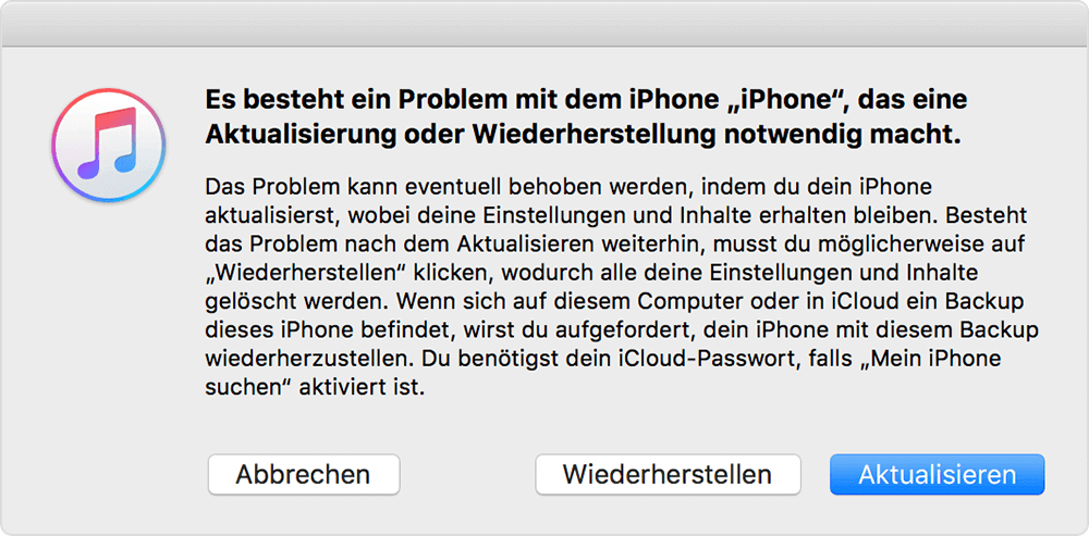 iPhone Aktualisieren oder Wiederherstellen auf iTunes