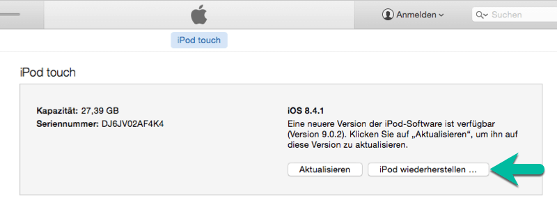 iPod touch wiederherstellen über iTunes