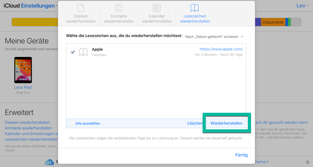 Safari Lesezeichen wiederherstellen aus iCloud