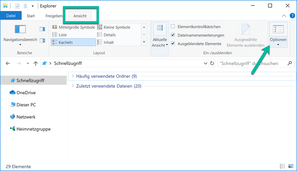Windows 10 Datei Explorer Ansicht Optionen