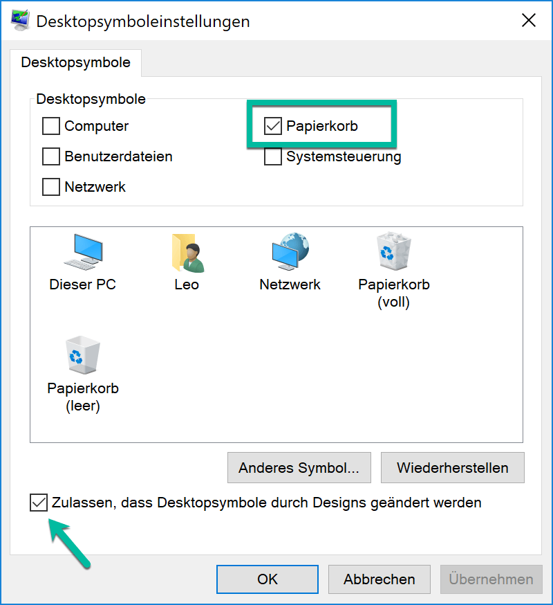 Windows 10 Papierkorb finden Desktopsymboleinstellungen
