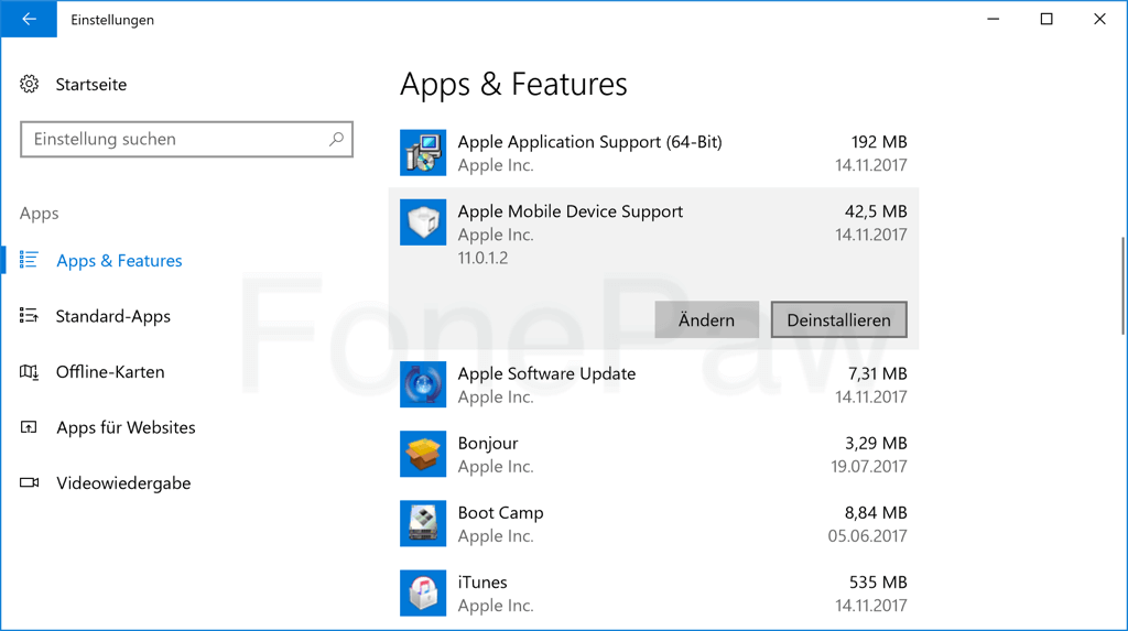 Windows Apple Apps und Features