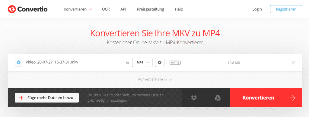 MKV in MP4 konvertieren Convertio