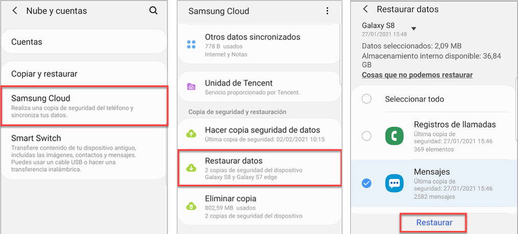 Restaurar los mensajes desde la copia de seguridad de Samsung