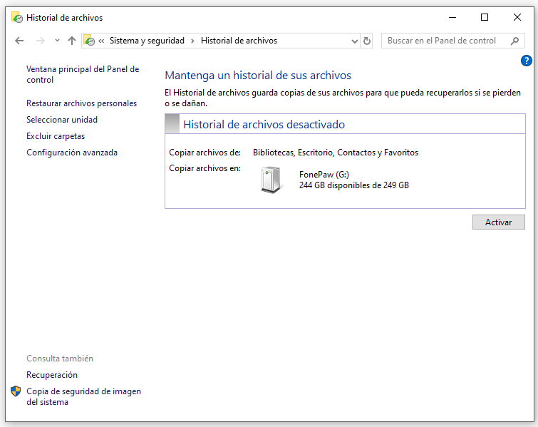 activar historial de archivos en Windows