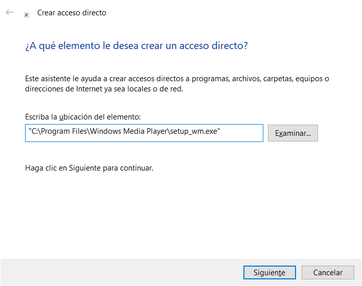 crear un acceso directo en Windows