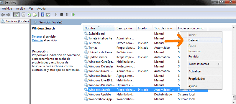 elegir Windows Search en servicios