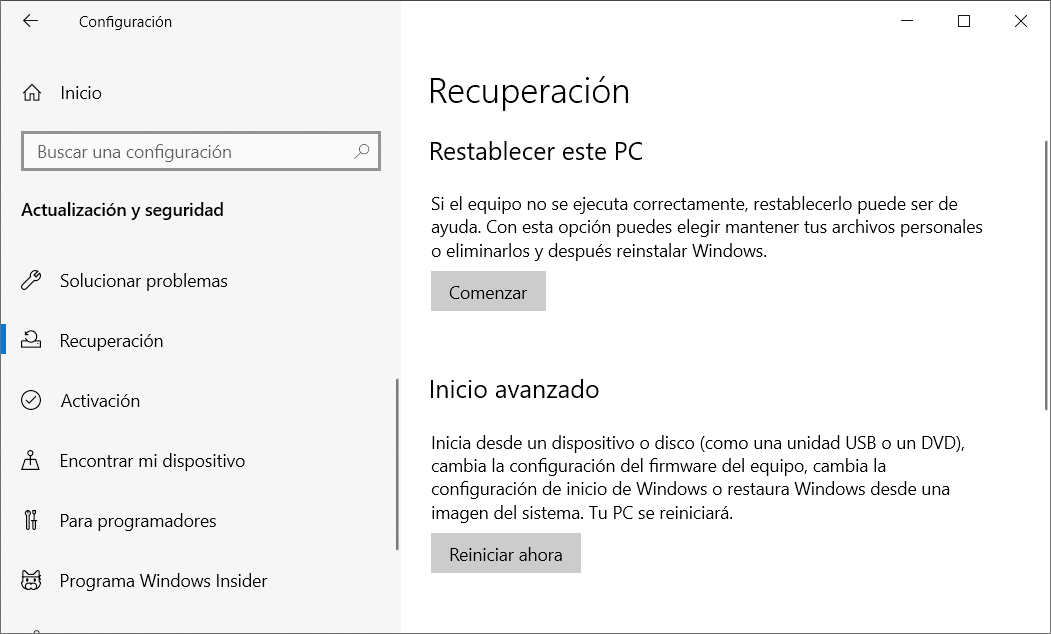 Restablecer este PC en Windows