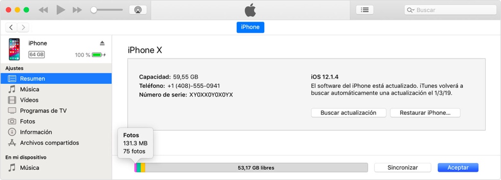 verificar almacenamiento de iPhone en iTunes