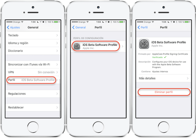 eliminar perfil de software de iOS Beta