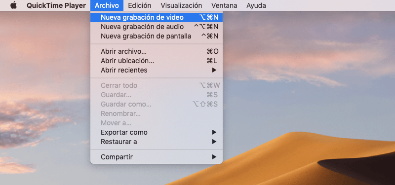 nueva grabación de Quicktime Player