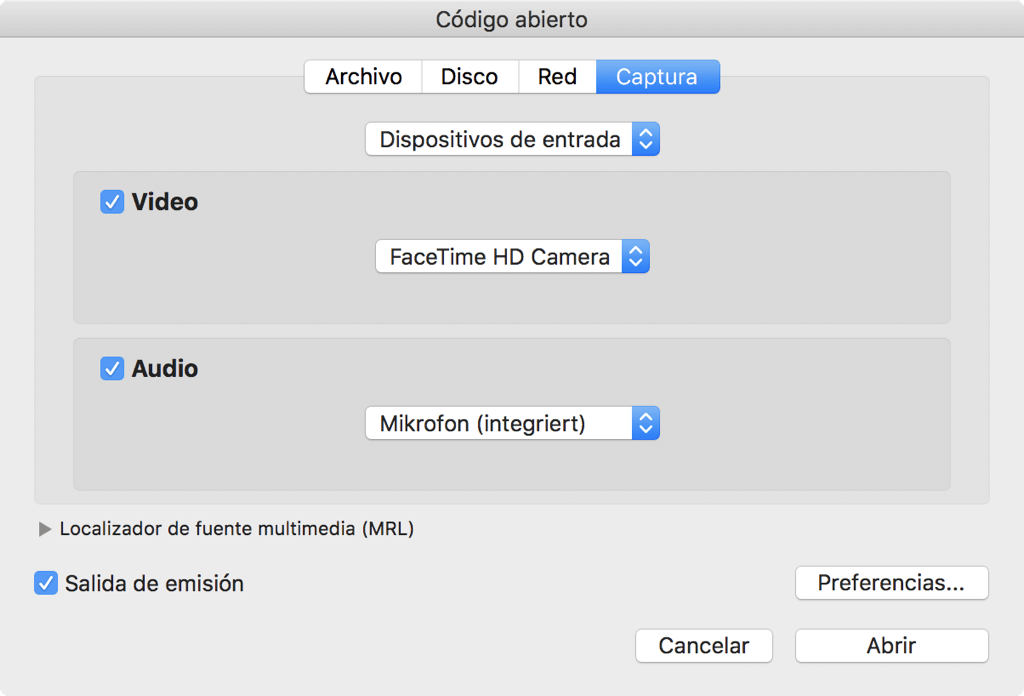 Abrir Dispositivo de captura VLC Mac