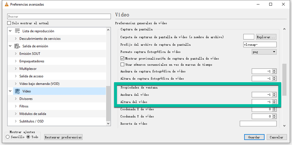 Cambiar anchura altura del video grabado VLC