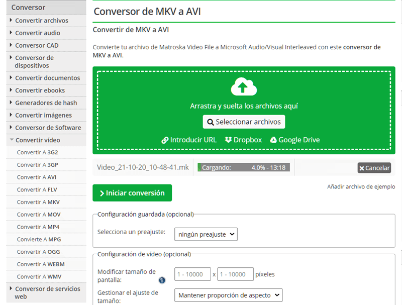 Convertir video MKV a AVI online