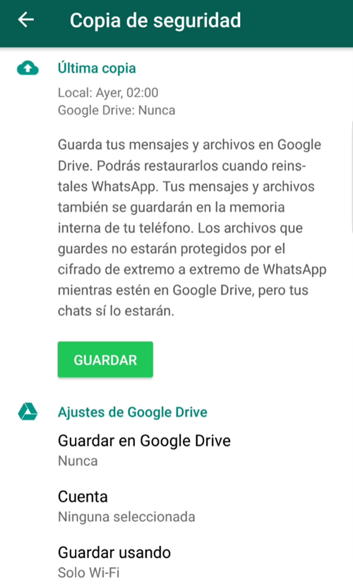 Ajustes de Google Drive en WhatsApp