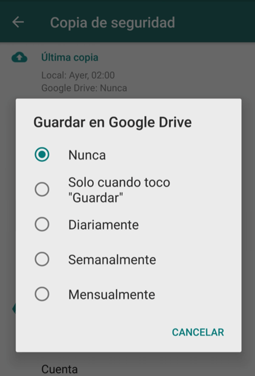 Guardar WhatsApp en Google Drive periódicamente