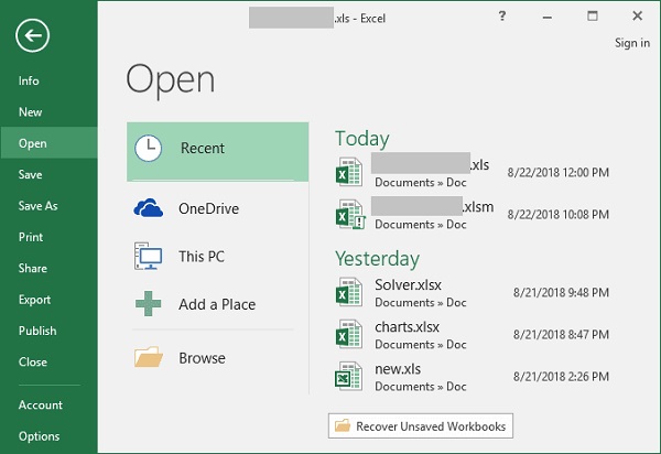 Recover Unsaved WorkBook on Excel