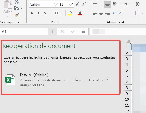 Récupérer Excel non enregistré via la Récupération de document